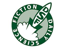 Logo of Daily Science Fiction: A dark green circle with the words "Daily Science Fiction pierced by a dark green rocket labeled DSF taking off with a billow of white exhaust. Light green background.
