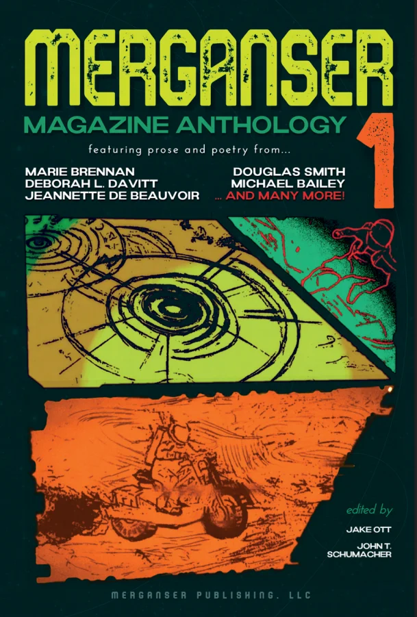 Merganser 1 anthology cover. Title in Yellow and green.